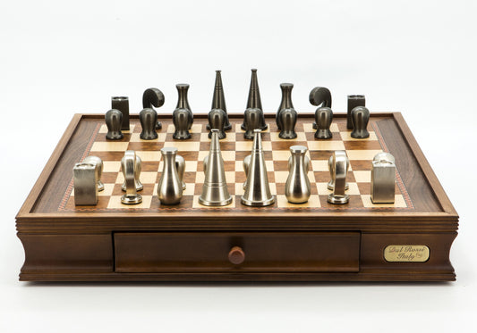 Dal Rossi Italy Chess Set Walnut Finish 16″ With Two Drawers, With Metal Dark Titanium and Silver 90mm Chessmen