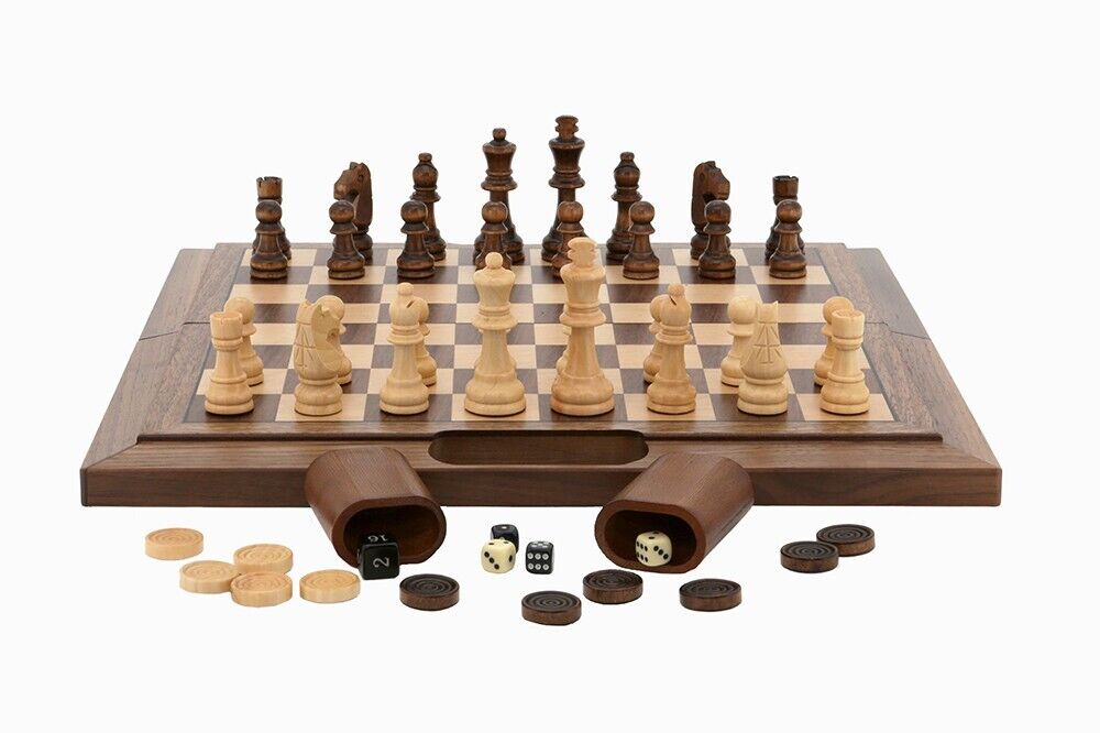 Dal Rossi Chess / Checkers / Backgammon Walnut Folding Set 16"