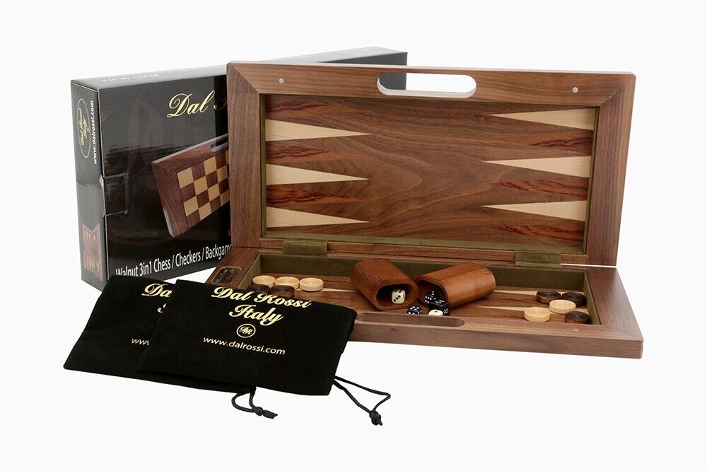 Dal Rossi Chess / Checkers / Backgammon Walnut Folding Set 16"